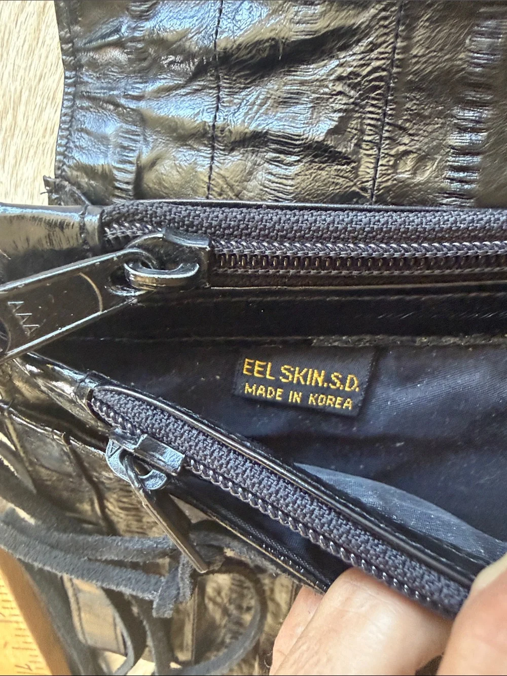 Vintage Genuine Eel Skin Black Leather Fringe Clutch Purse Korea